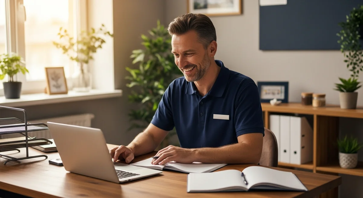 Business owner reviewing a finished website on a wood desk