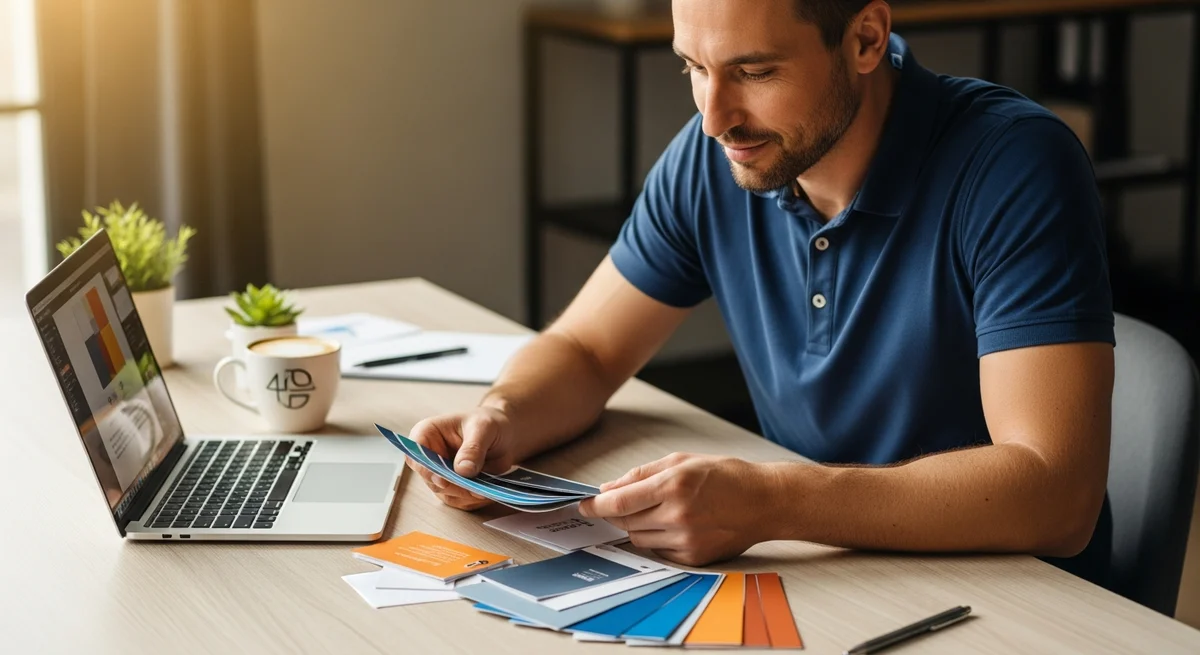 Business owner reviewing brand materials and local search results