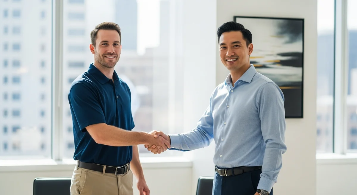 Business deal closed - professionals shaking hands over signed service agreement