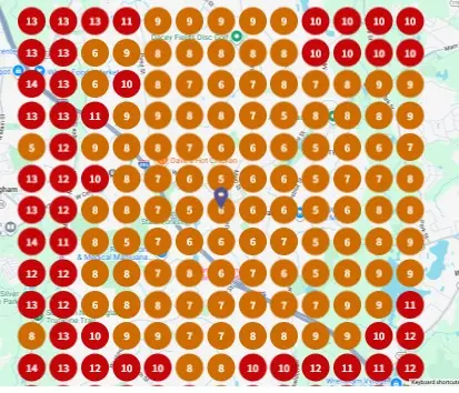 Heat map showing limited Google Maps visibility before local SEO work