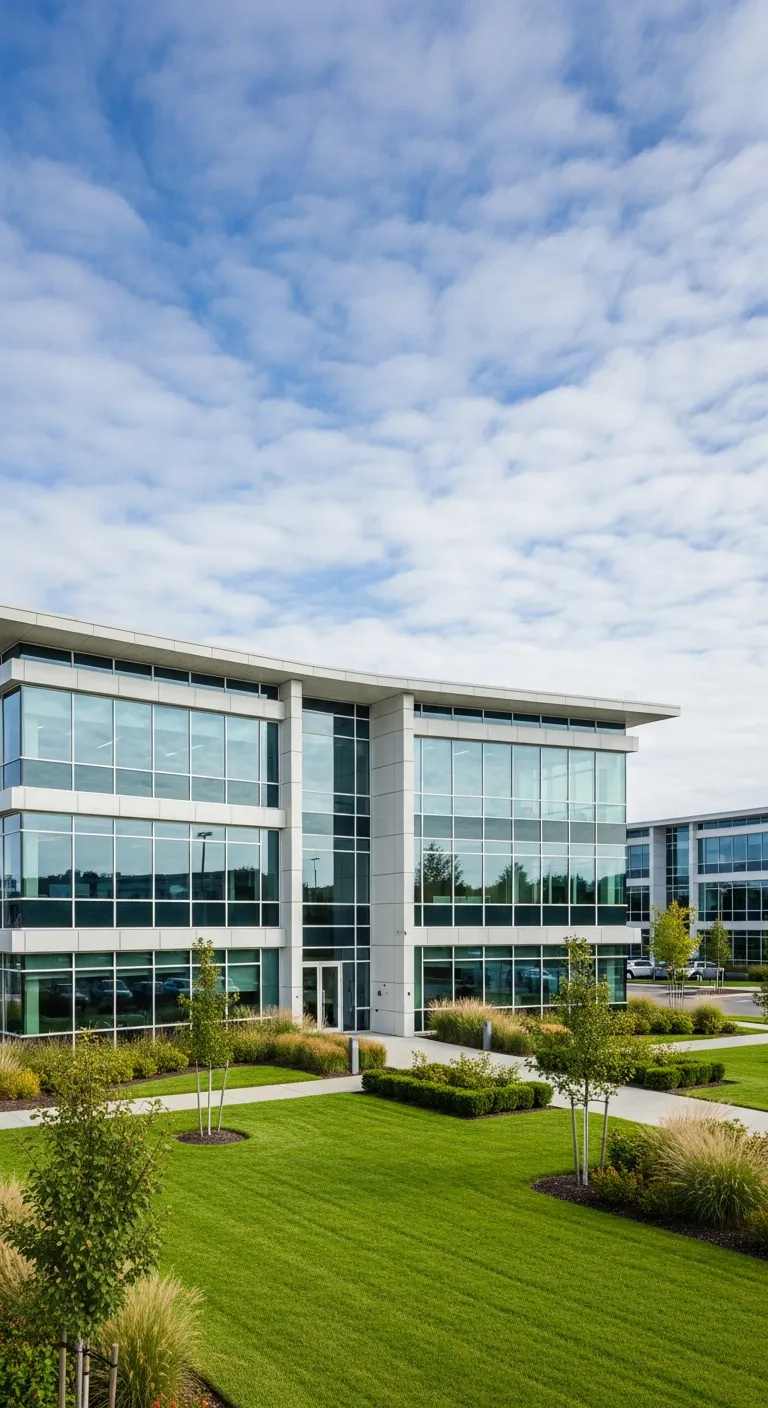 Suburban office building with green lawn